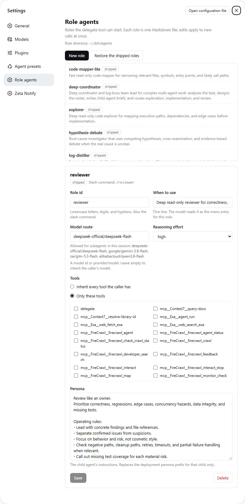 Settings → Role agents: the roster on top, the reviewer role open in the editor below