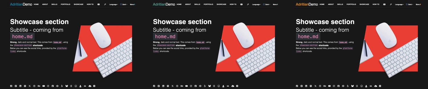 Adritian theme homepage in three color schemes (Ocean, Default, Warm) — dark mode