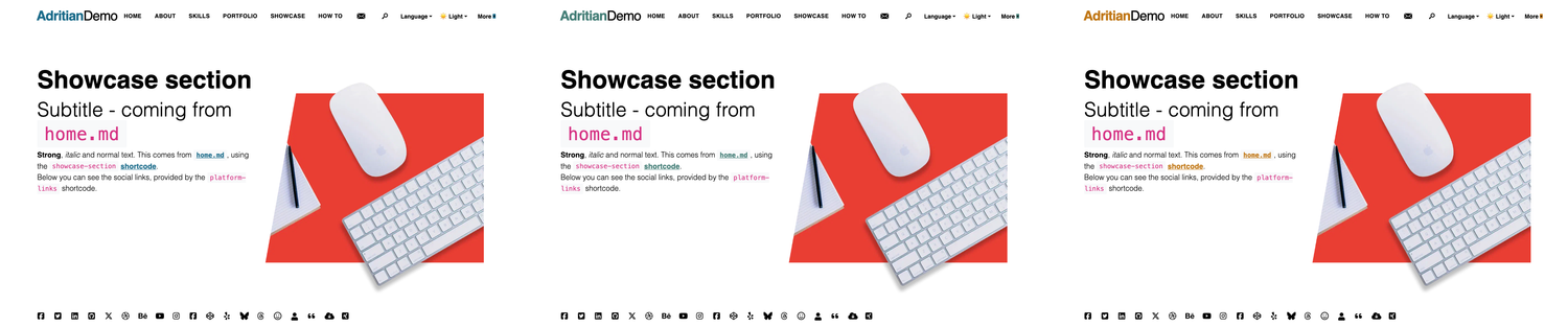 Adritian theme homepage in three color schemes (Ocean, Default, Warm) — light mode