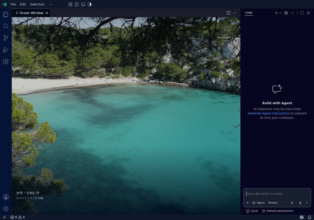 Ocean Window 0.3 showing a sea photograph in an empty Linux VS Code editor