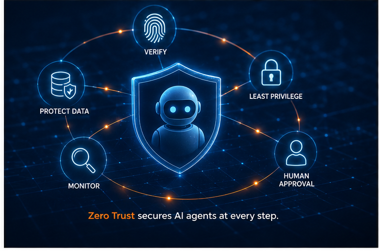 Zero Trust security framework protecting an AI agent through verification, least privilege, monitoring and human approval