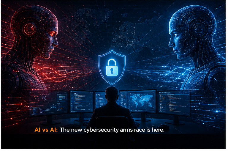 Red and blue AI systems facing each other across a cybersecurity operations centre