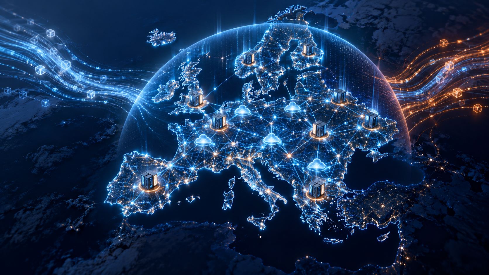 A connected digital map of Europe representing secure infrastructure, artificial intelligence and digital sovereignty