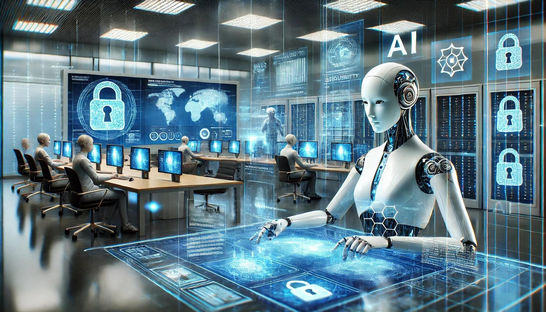 AI agent operating in a cybersecurity environment with digital security controls, servers and human analysts.