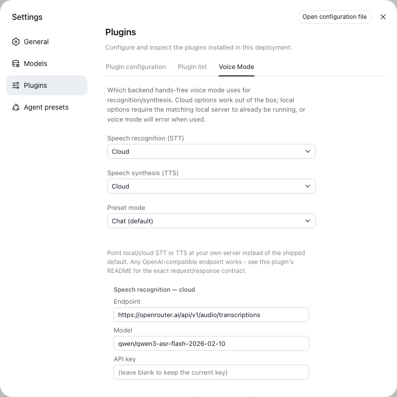 The Voice Mode settings tab, with endpoint/model/key fields for each backend