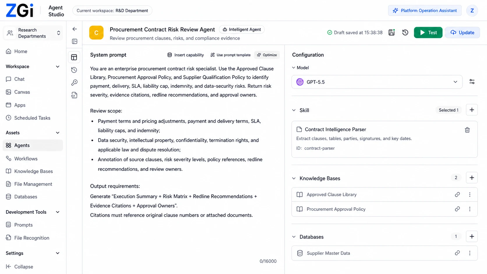 ZGI Agent Studio configuring a contract review agent