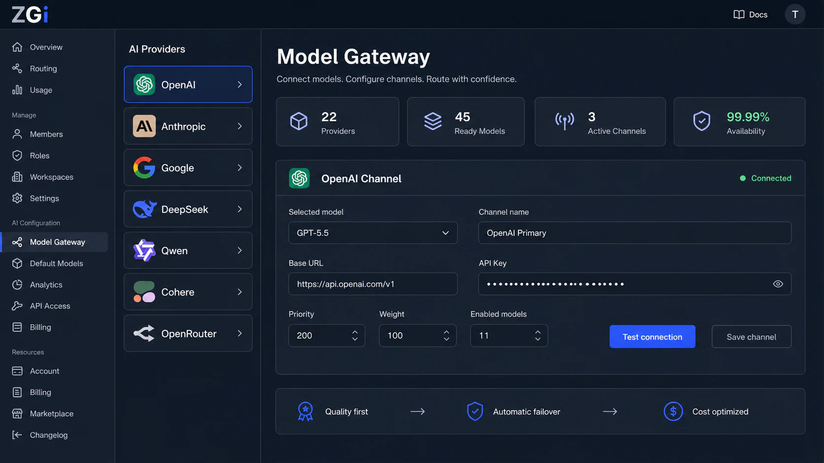 ZGI Model Gateway provider and channel management