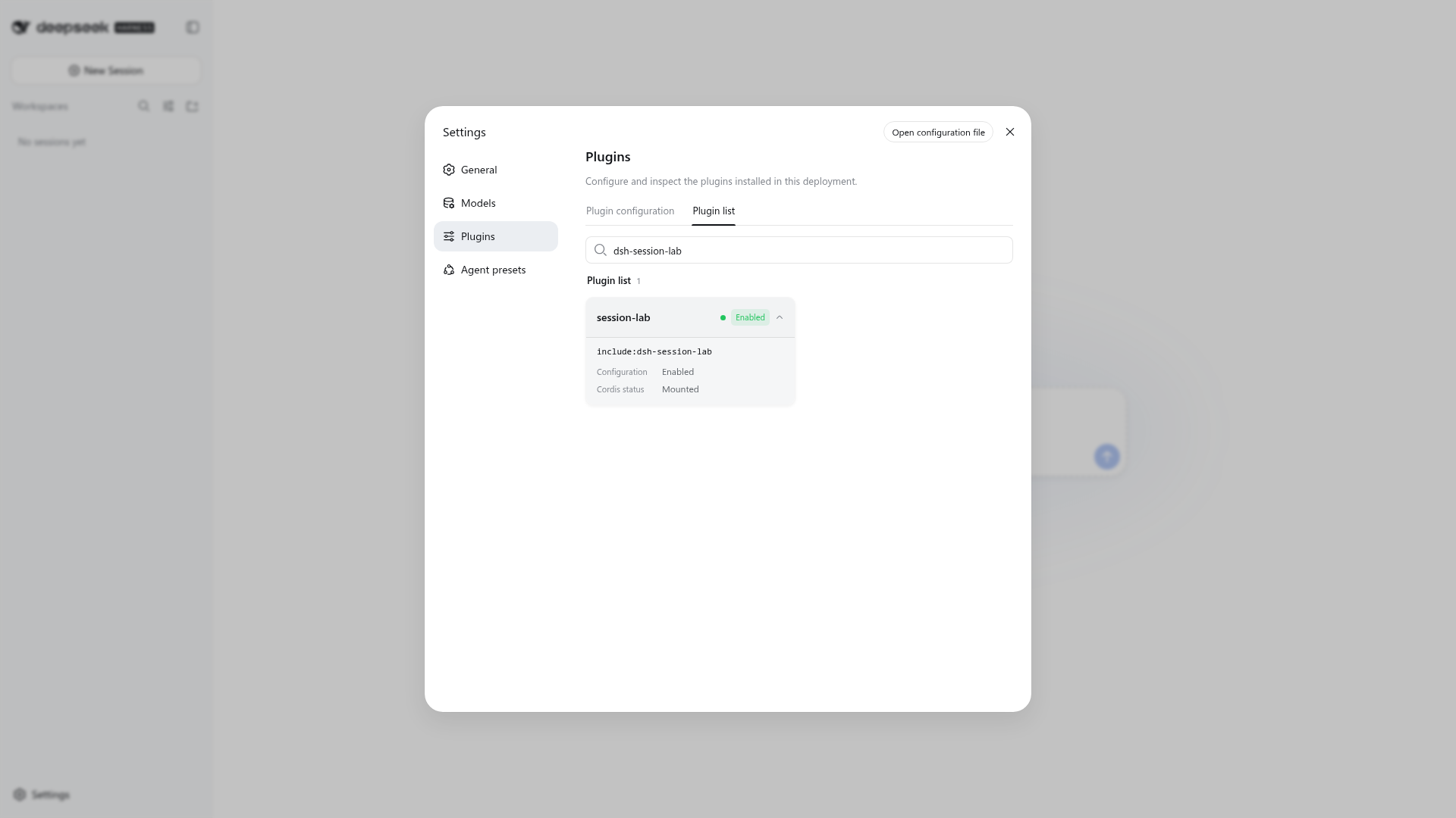 DSH Session Lab installed in the DSH Web UI