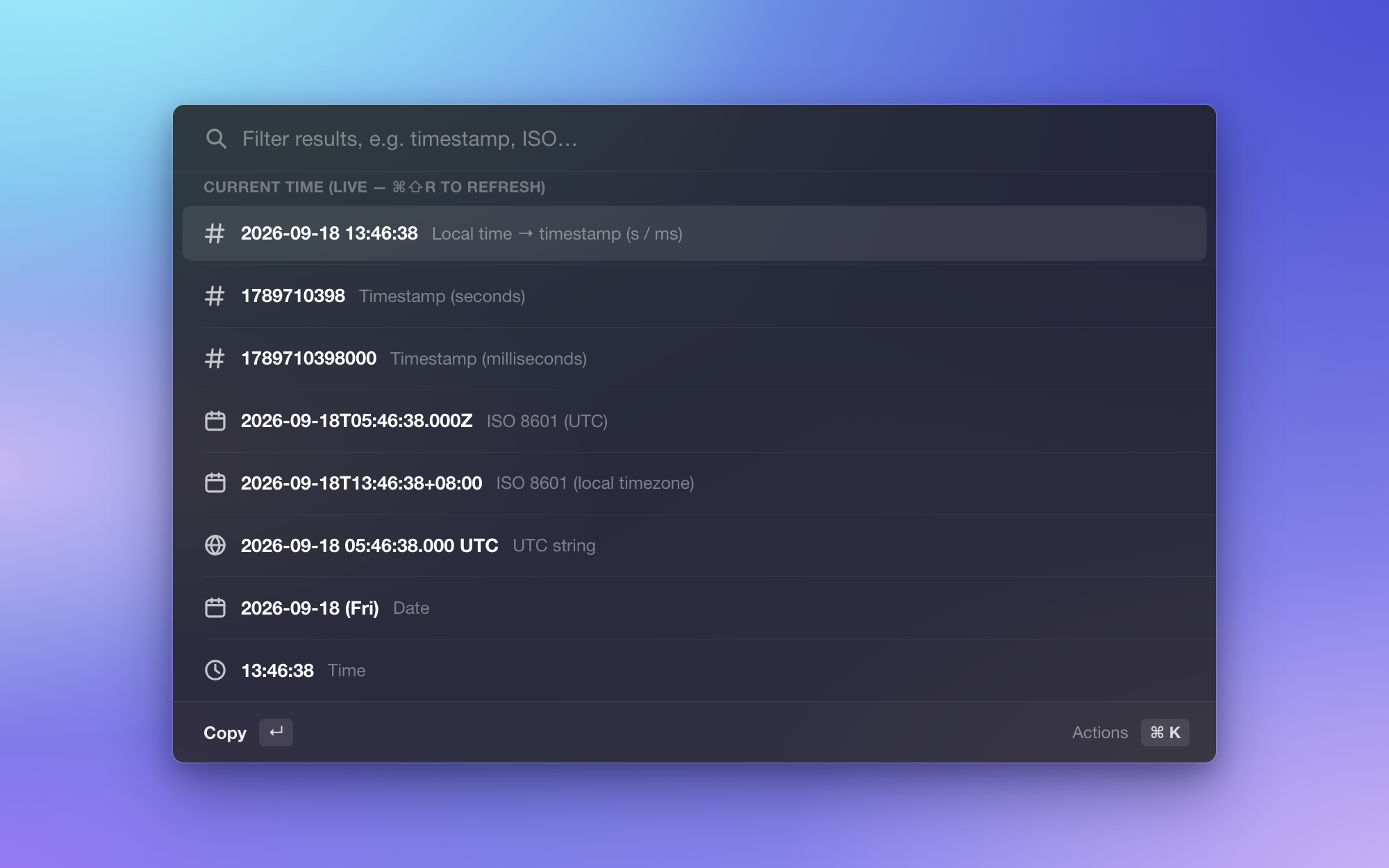 Timestamp — live values
