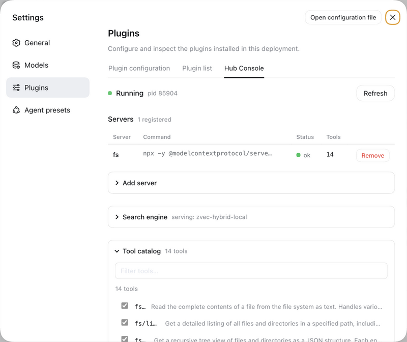 aipx MCP hub console — server pool, tool toggles, search playground (inside dsh settings)