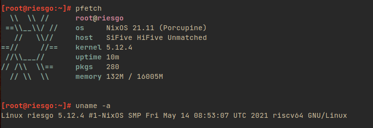 Screenshot of pfetch output on the HiFive Unmatched in a terminal