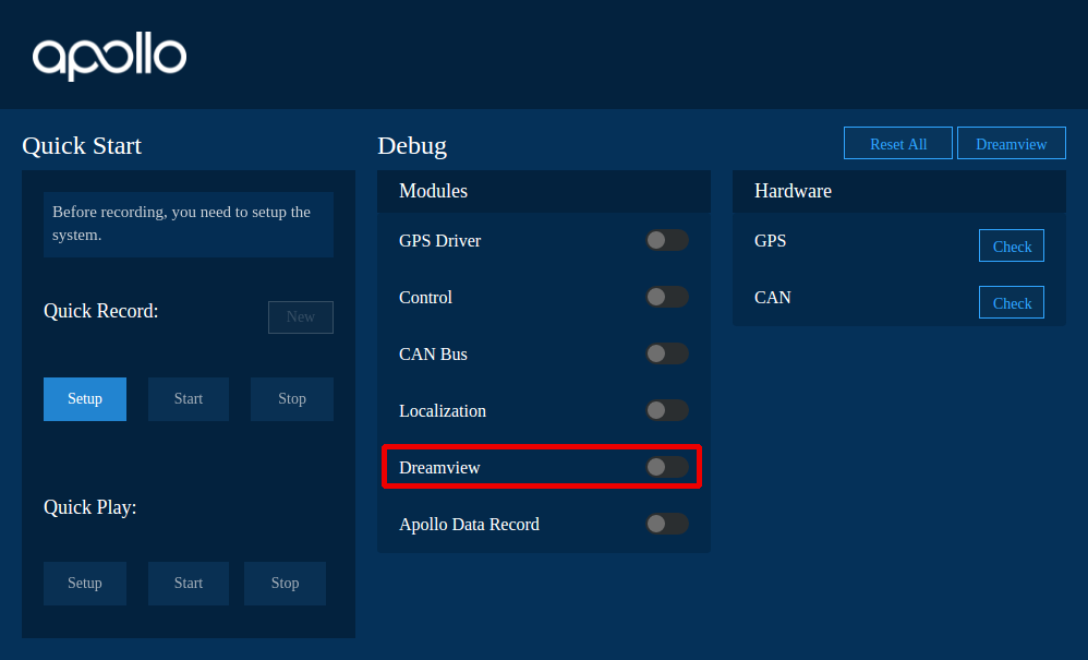 HMI Enable Dreamview