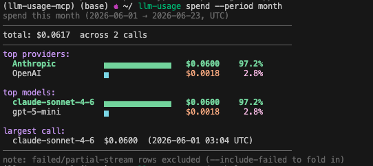 llm-usage spend headline — totals, top providers, largest call