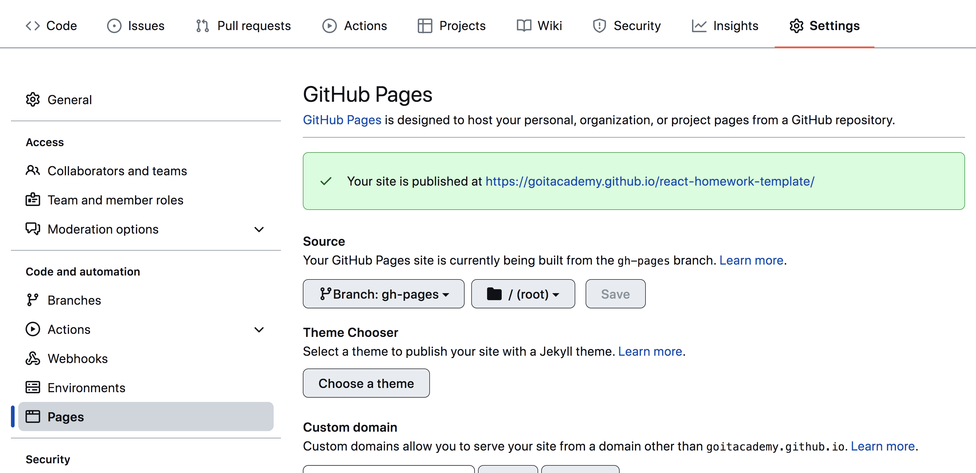 GitHub Pages settings