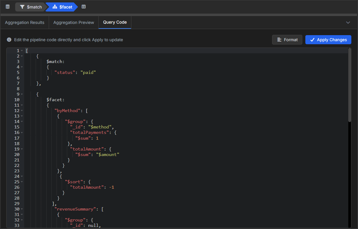 VisuaLeaf 显示 MongoDB $facet 聚合的生成查询代码