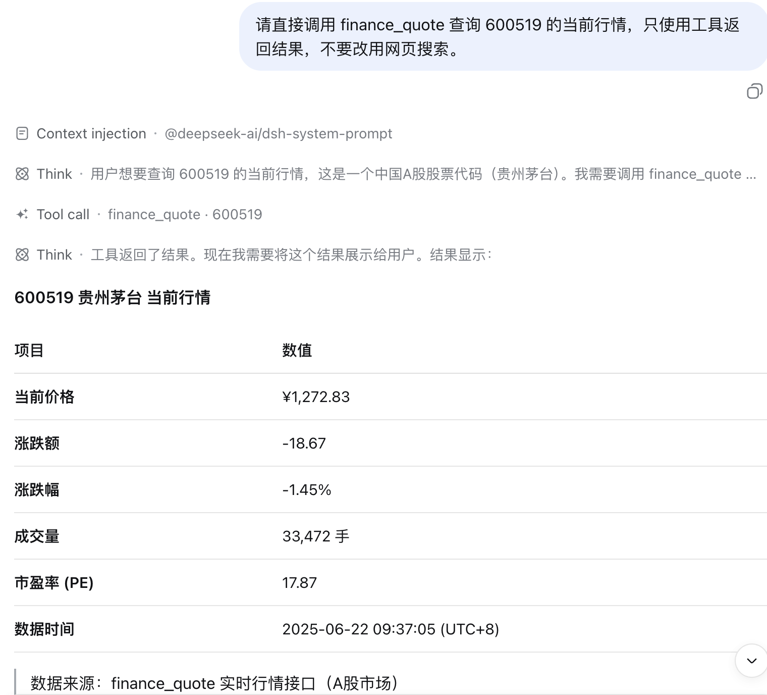 Example: DSH calling finance_quote for 600519