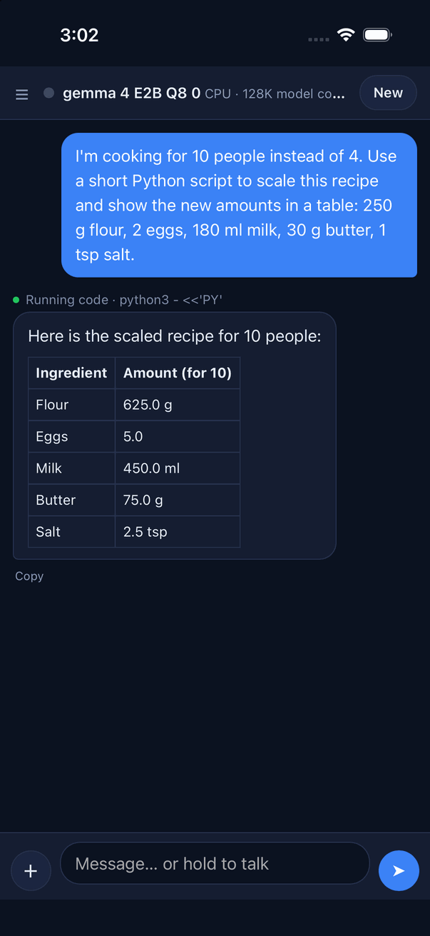 TensorAgent in the iPhone 17 Pro simulator: Gemma 4 E2B uses ggml_cpu and runs an in-app Python script to scale a recipe