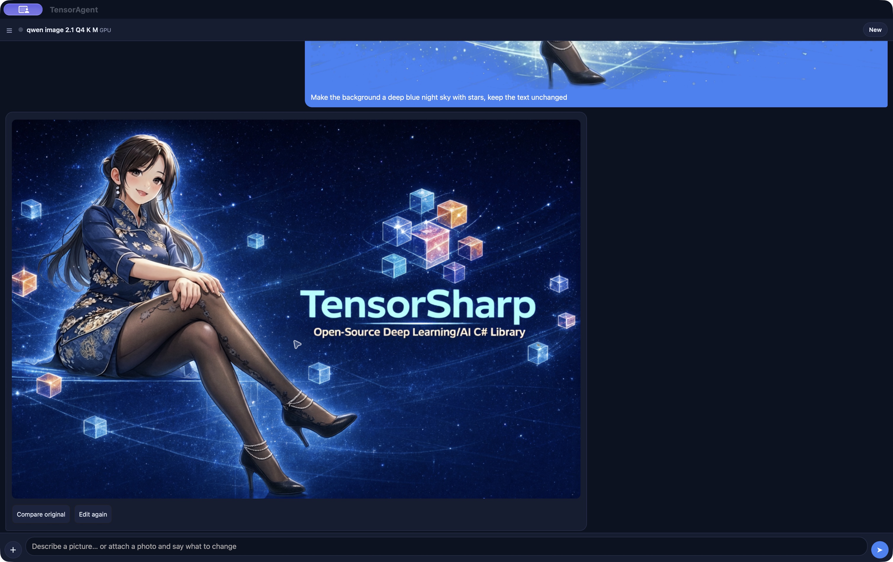 TensorAgent on a Mac: a saved Qwen-Image 2.1 edit changes the TensorSharp banner background to a starry blue night sky