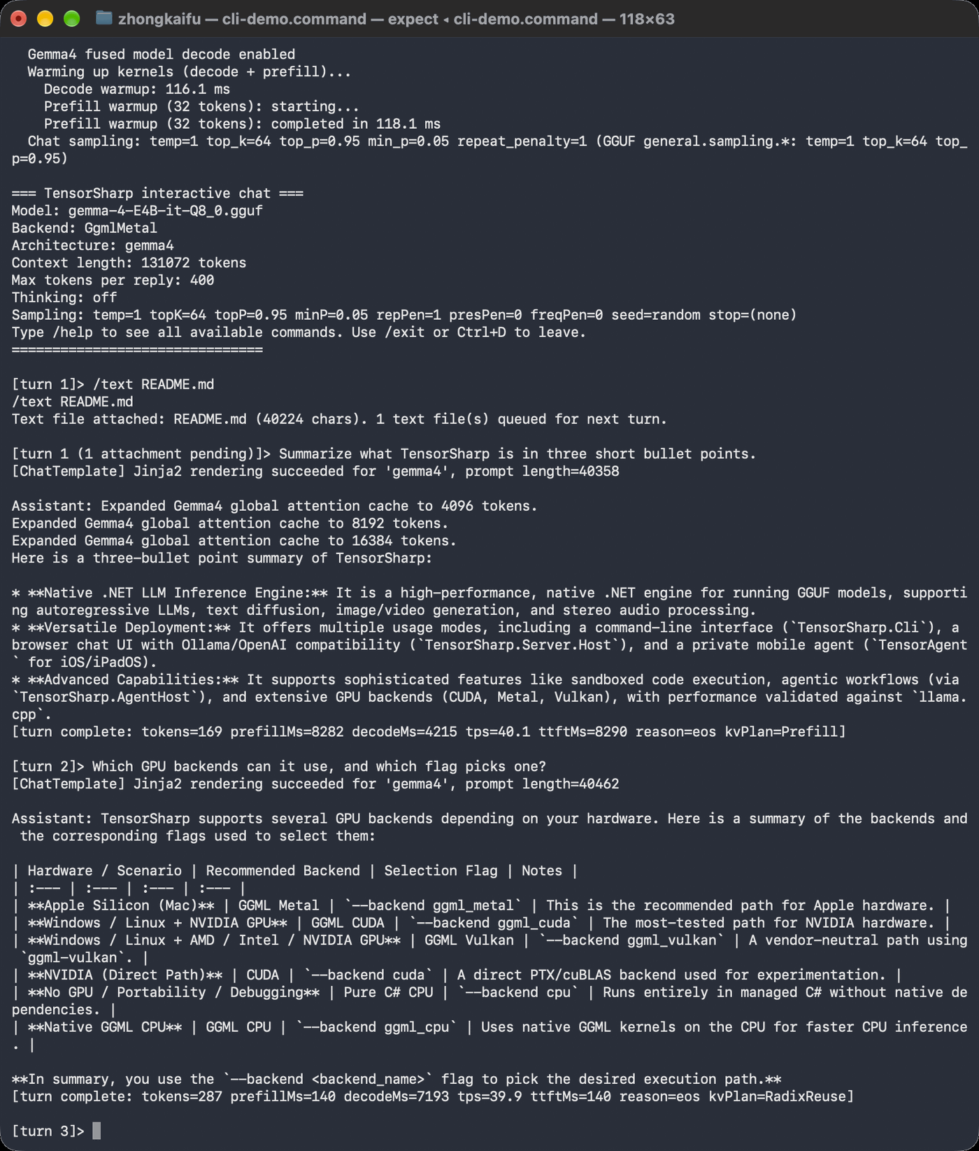 TensorSharp.Cli in a terminal: an interactive chat with Gemma 4 E4B that reads this README and answers questions about it
