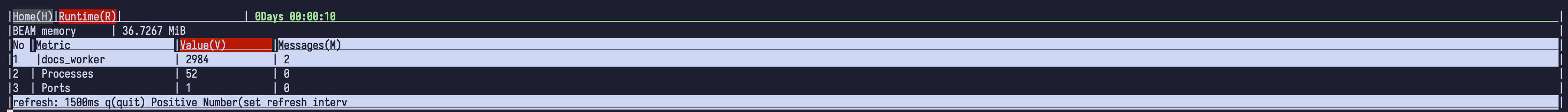 Runtime plugin page showing BEAM memory and sortable worker, process, and port
rows