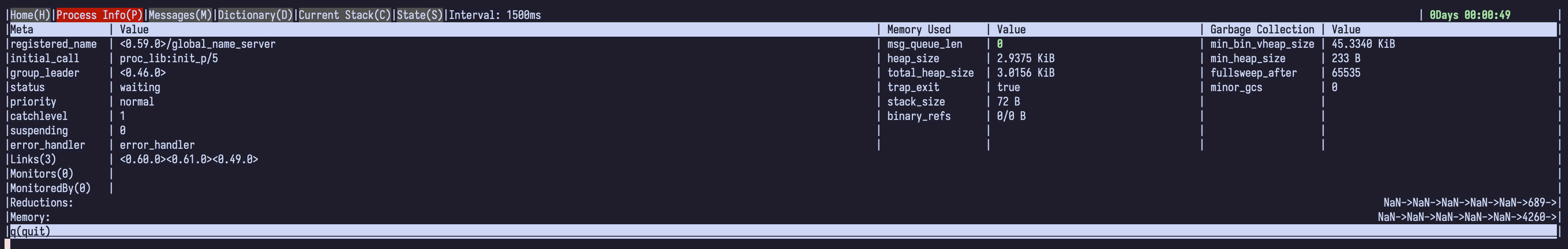 Process Info page showing process metadata, memory, garbage collection,
links, and history