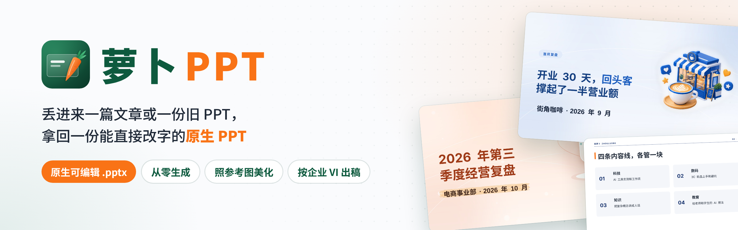 萝卜 PPT，丢进来一篇文章或一份旧 PPT，拿回一份能直接改字的原生 PPT