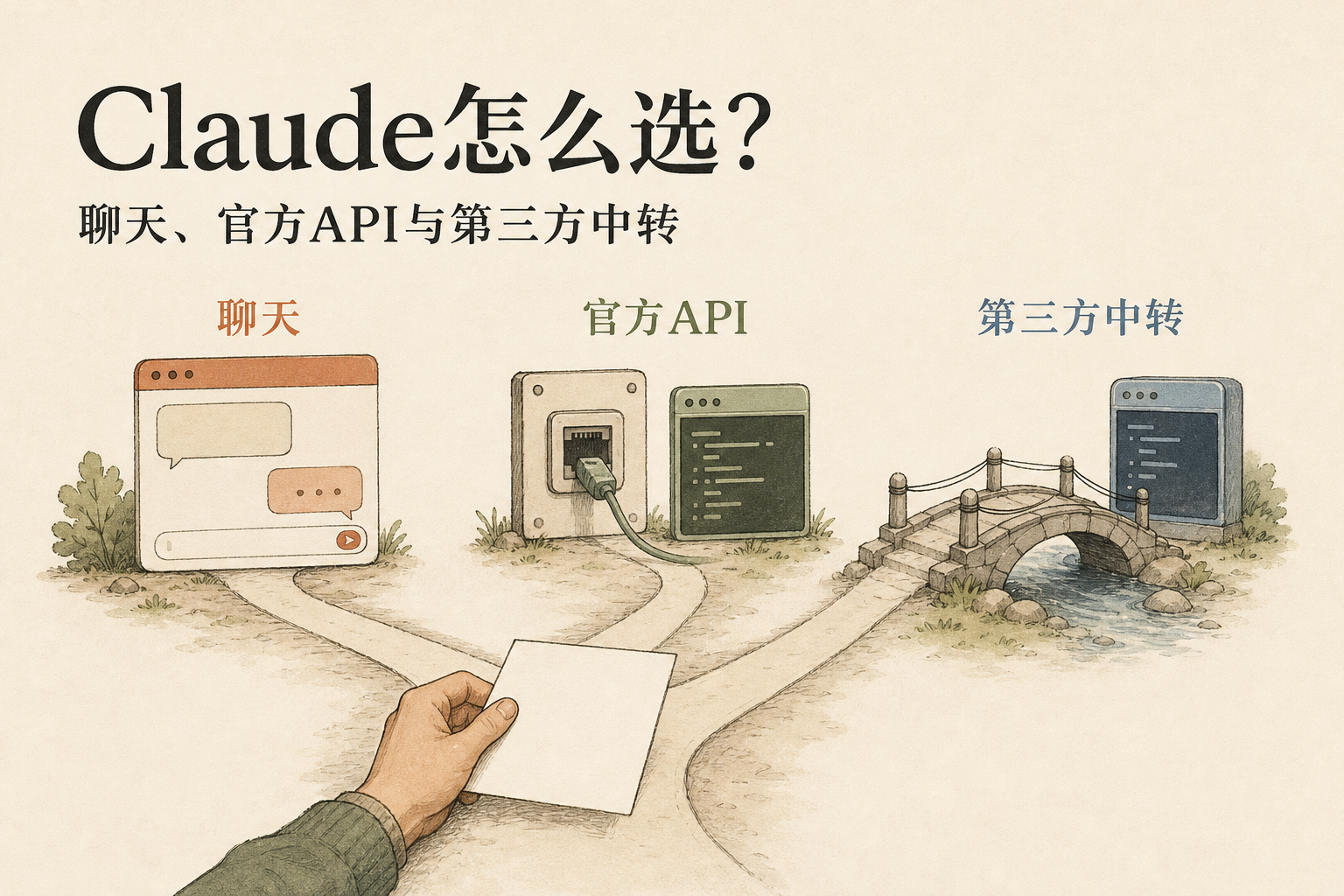 Claude聊天、官方API與第三方轉接的選擇示意