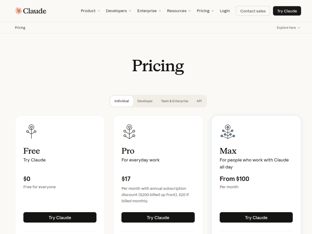 Claude's official pricing page, captured 23 October 2026, showing the Free, Pro and Max plan cards