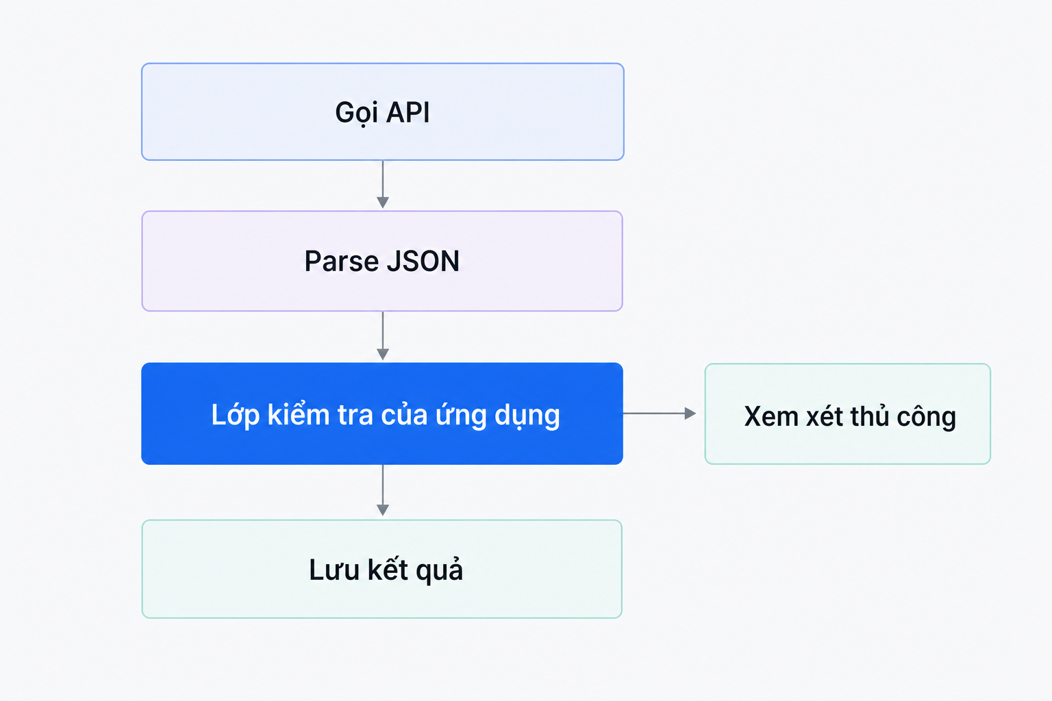 Luồng từ gọi API qua parse JSON đến lớp kiểm tra của ứng dụng, bản ghi không đạt được chuyển sang xem xét thủ công