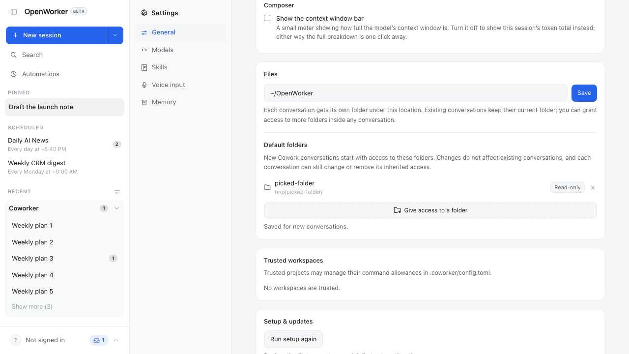 Default folders in Settings