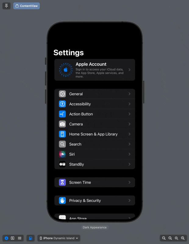 A GIF displaying the project's Settings app on different devices including a Dynamic Island iPhone, iPhone with Touch ID, and an 11-inch iPad.