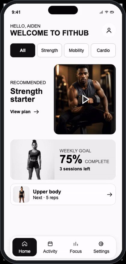 Interactive fitness planner app with workout photography and stat cards