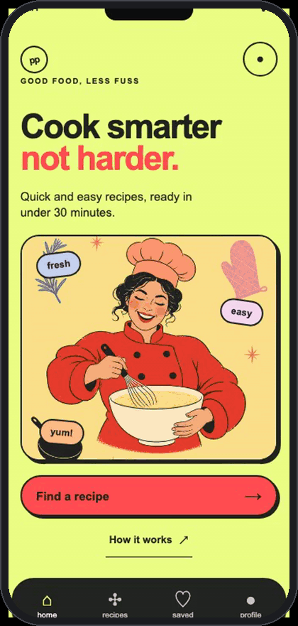 Interactive illustrated recipe app with high-color blocks and food imagery