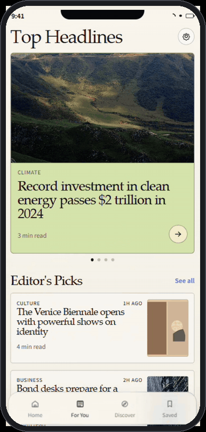 Interactive editorial news reader with generated photography