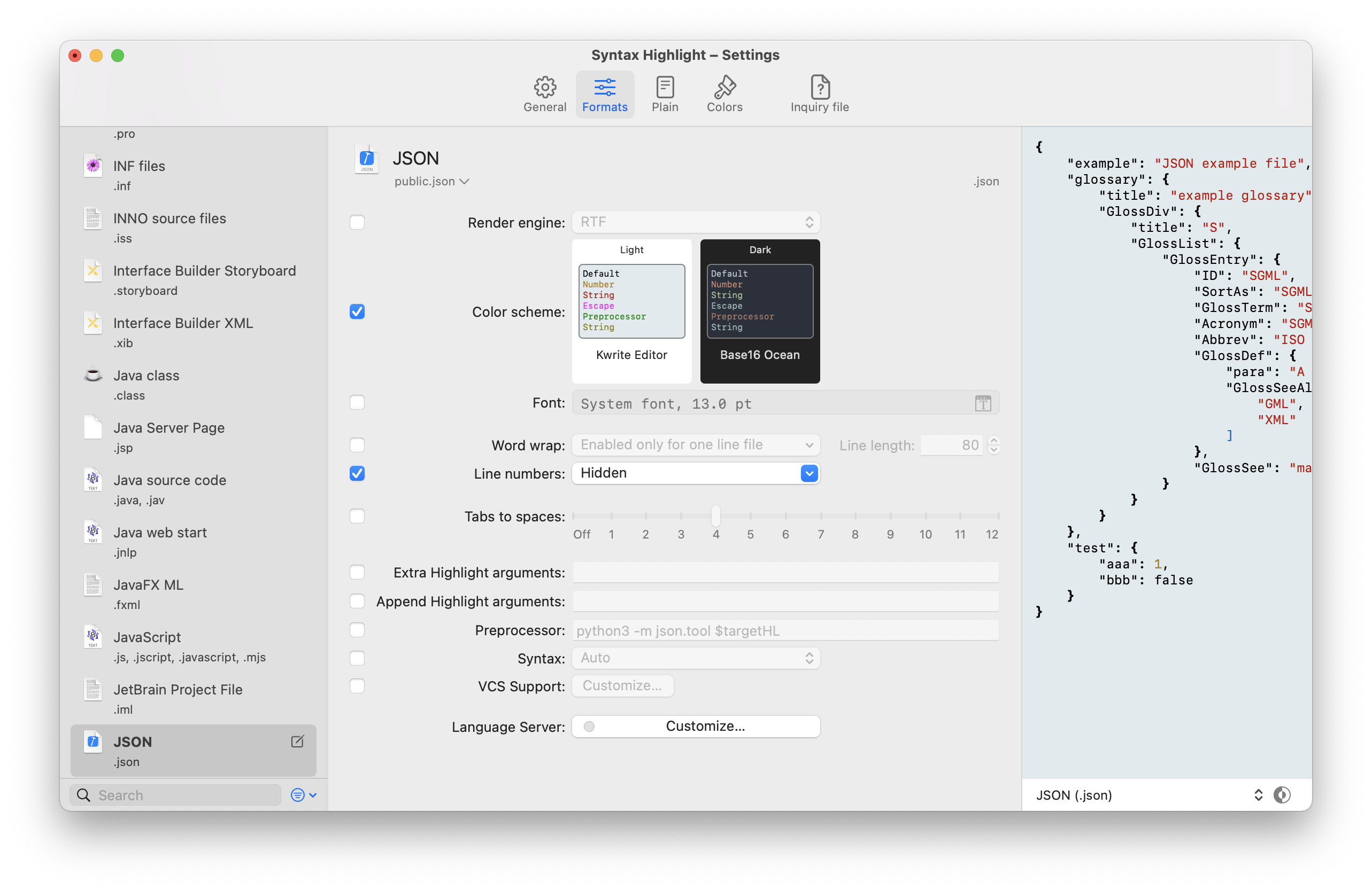 Settings window for specific format