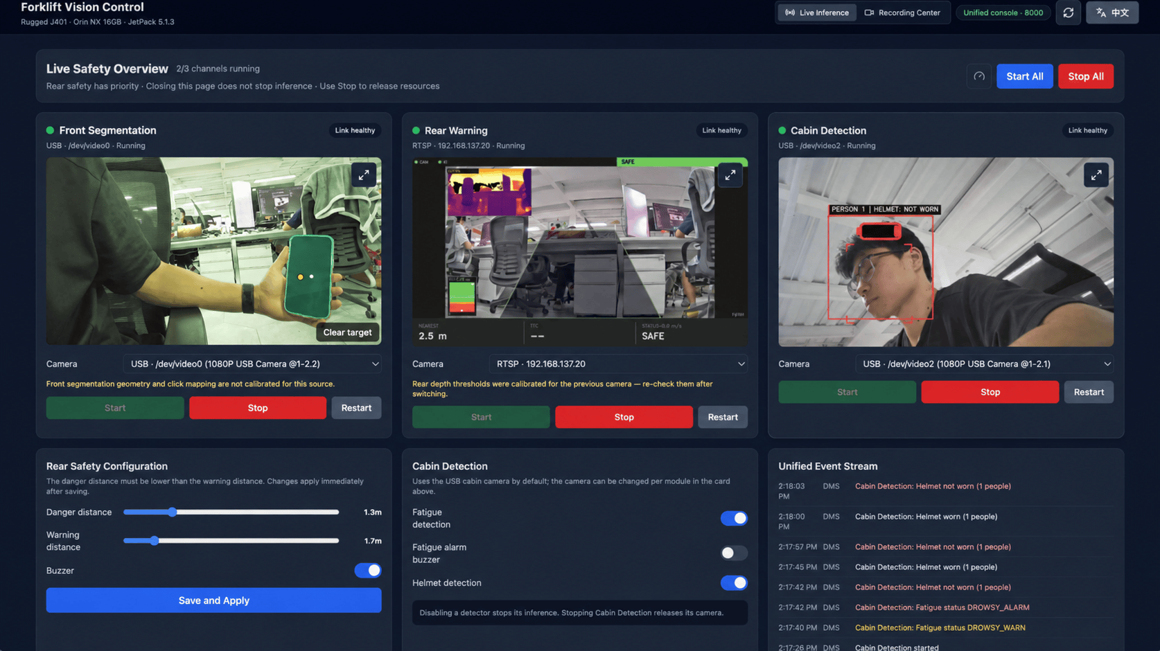 Industrial forklift vision dashboard