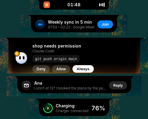 The closed island with a song and the focus timer, then alerts for a meeting with Join, Claude Code asking to run a command, a notification with Reply, and charging