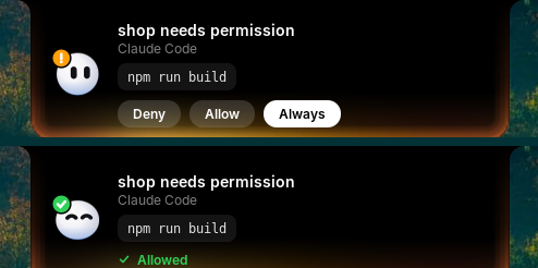 Claude Code asking to run npm run build, with Deny, Allow and Always; then Allowed