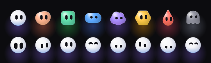 The bot in eight shapes and several colours, with matching glows