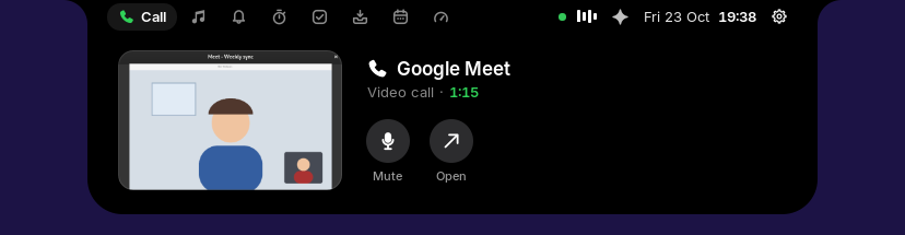 A Google Meet call in the island: a live preview of the call, its length, mute and open