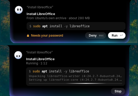 The assistant's card for sudo apt install -y vlc: Needs your password, Deny and Run; then running, with its last lines and Stop