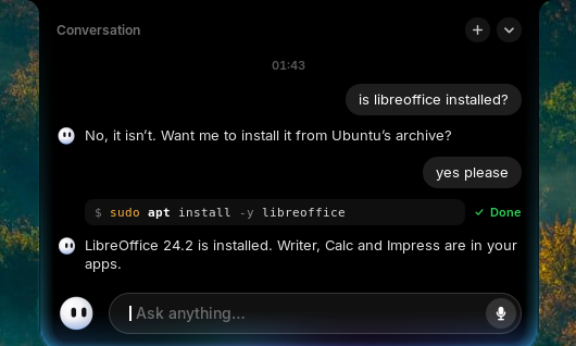 The conversation: install vlc, the command that ran with Done, and the answer, with + and the field to type in