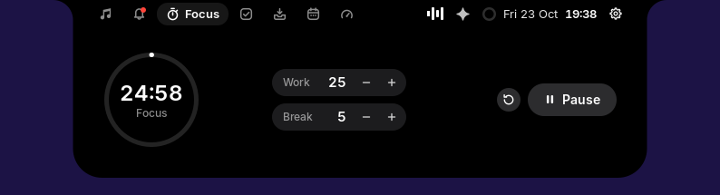 Focus page: the timer's ring, the work and break lengths, and Start