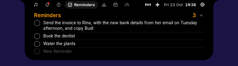 Reminders page: a list with a long reminder wrapped over two lines