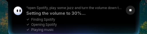 The voice assistant working through a request in steps: finding Spotify, opening it, playing jazz, setting the volume