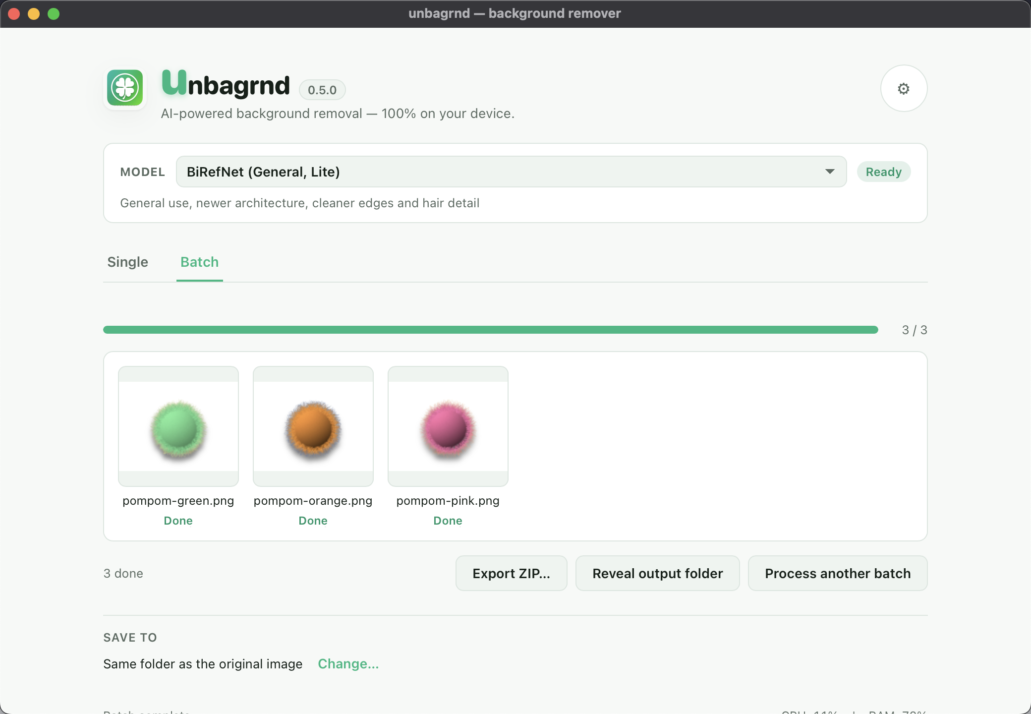 unbagrnd batch results with ZIP export