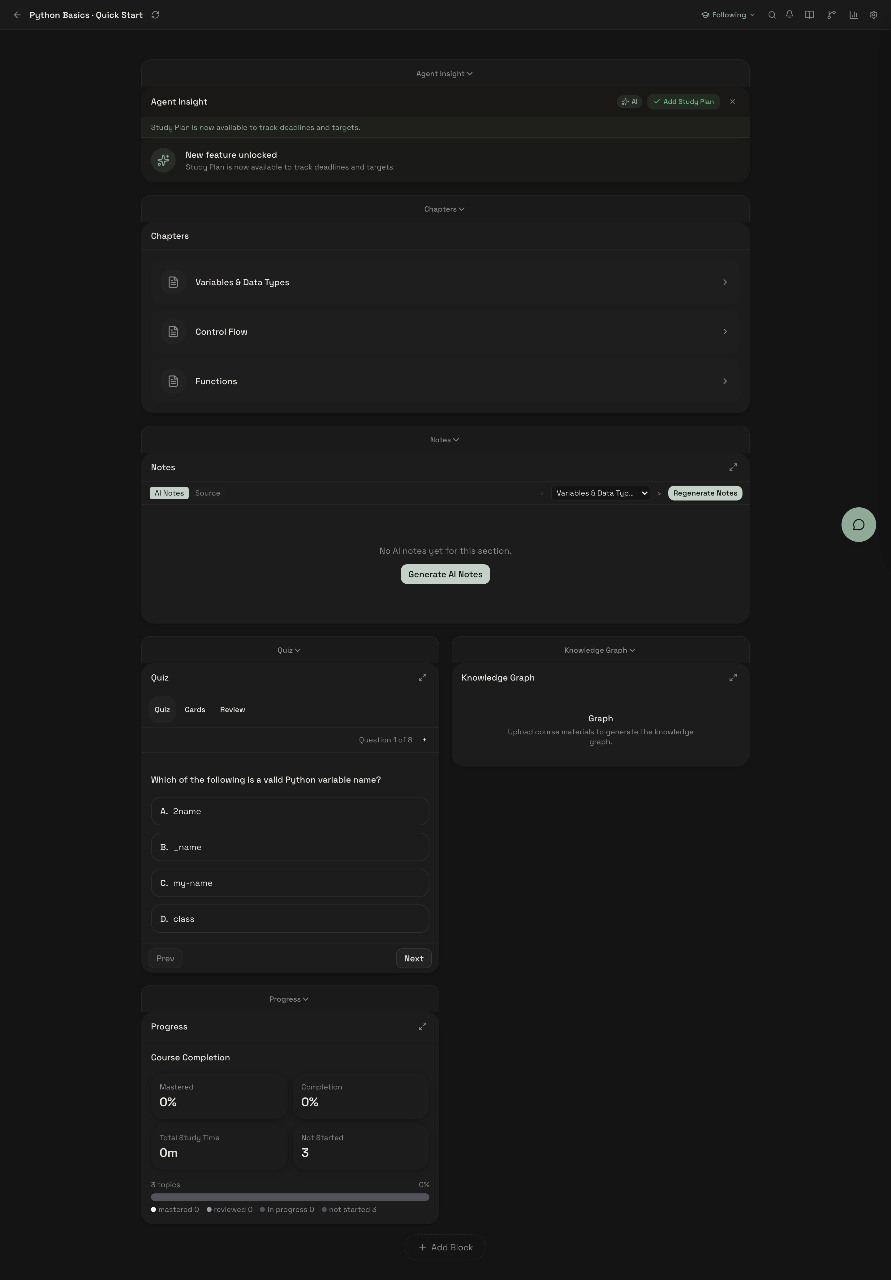 OpenTutor — block-based adaptive workspace with chapters, notes, quiz, knowledge graph, and progress tracking