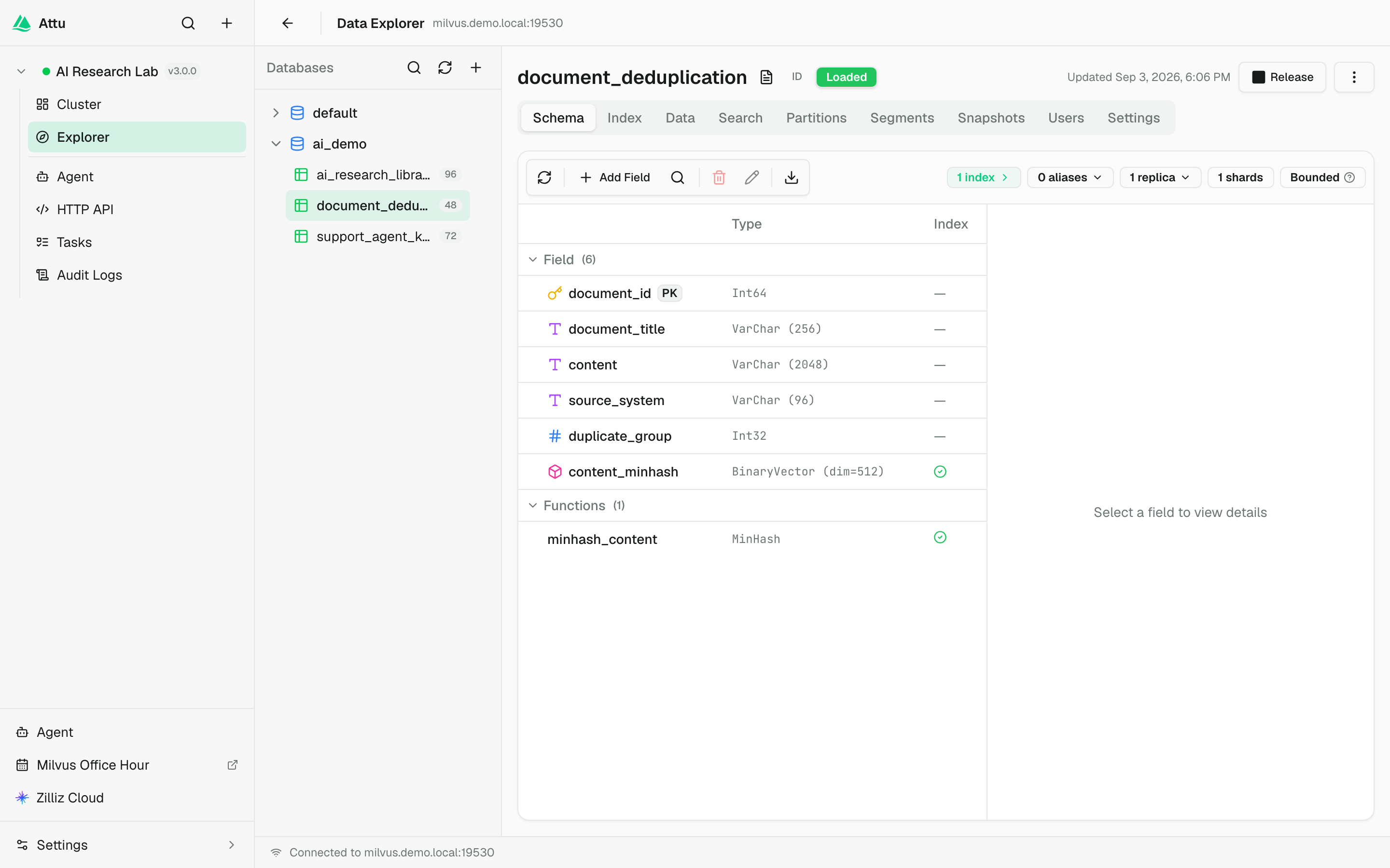 Attu 3.0 MinHash document deduplication schema