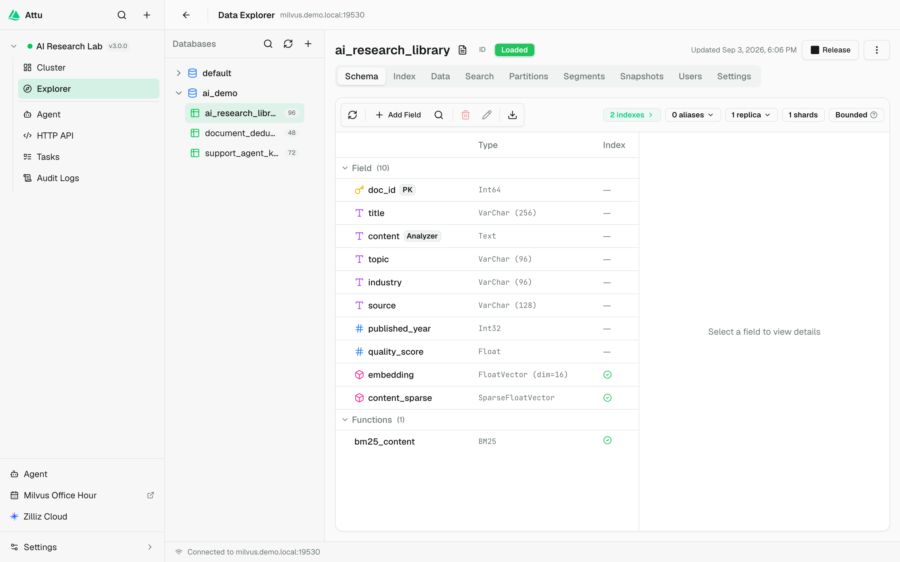 Attu 3.0 AI research schema with TEXT and BM25 fields