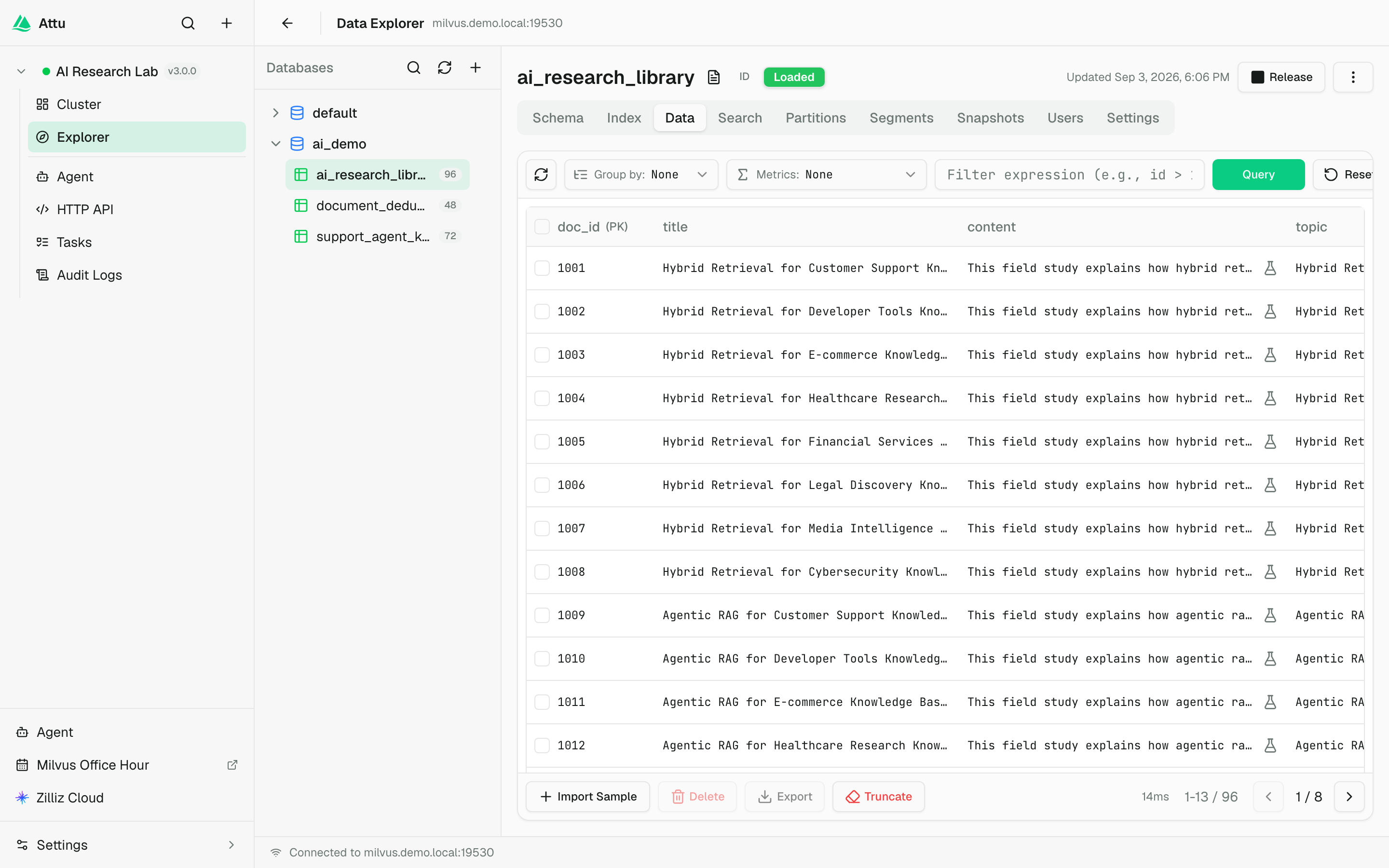 Data Explorer with a populated AI research collection